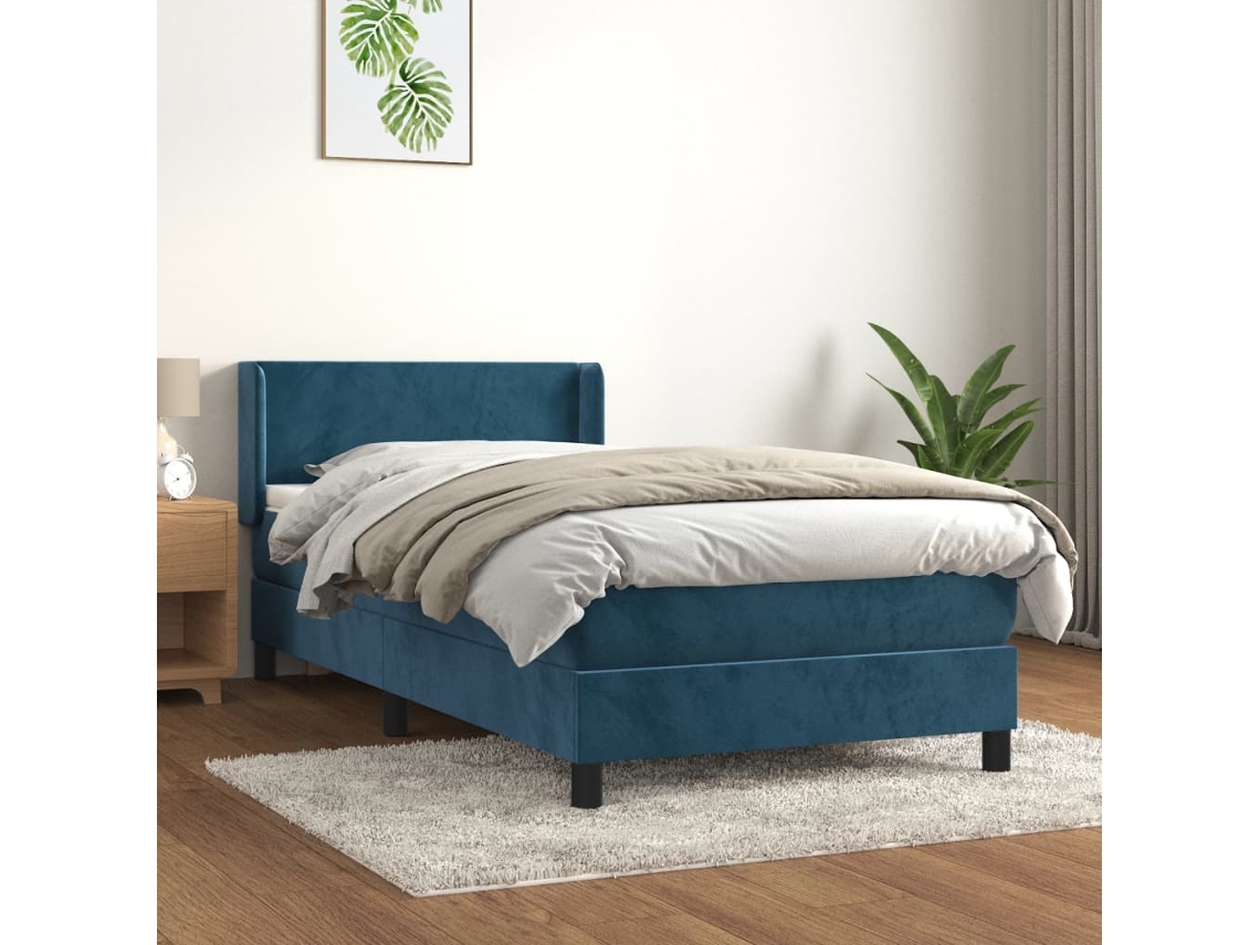 Cama Box Spring Con Colchón Terciopelo Azul Oscuro 90x190 Cm