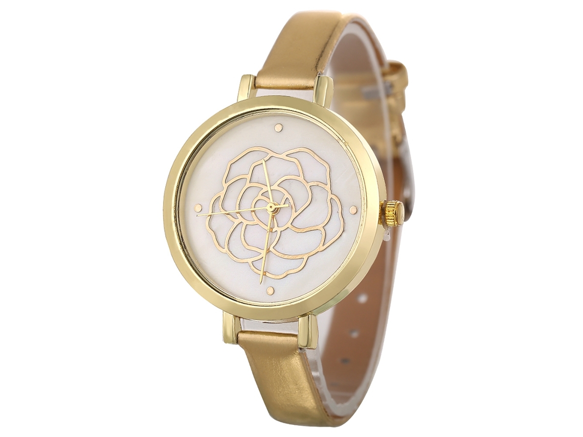 Reloj De Pulsera Moderno Para Mujer De Piel Con Esfera Redonda Y Movimiento De Cuarzo Dorado.
