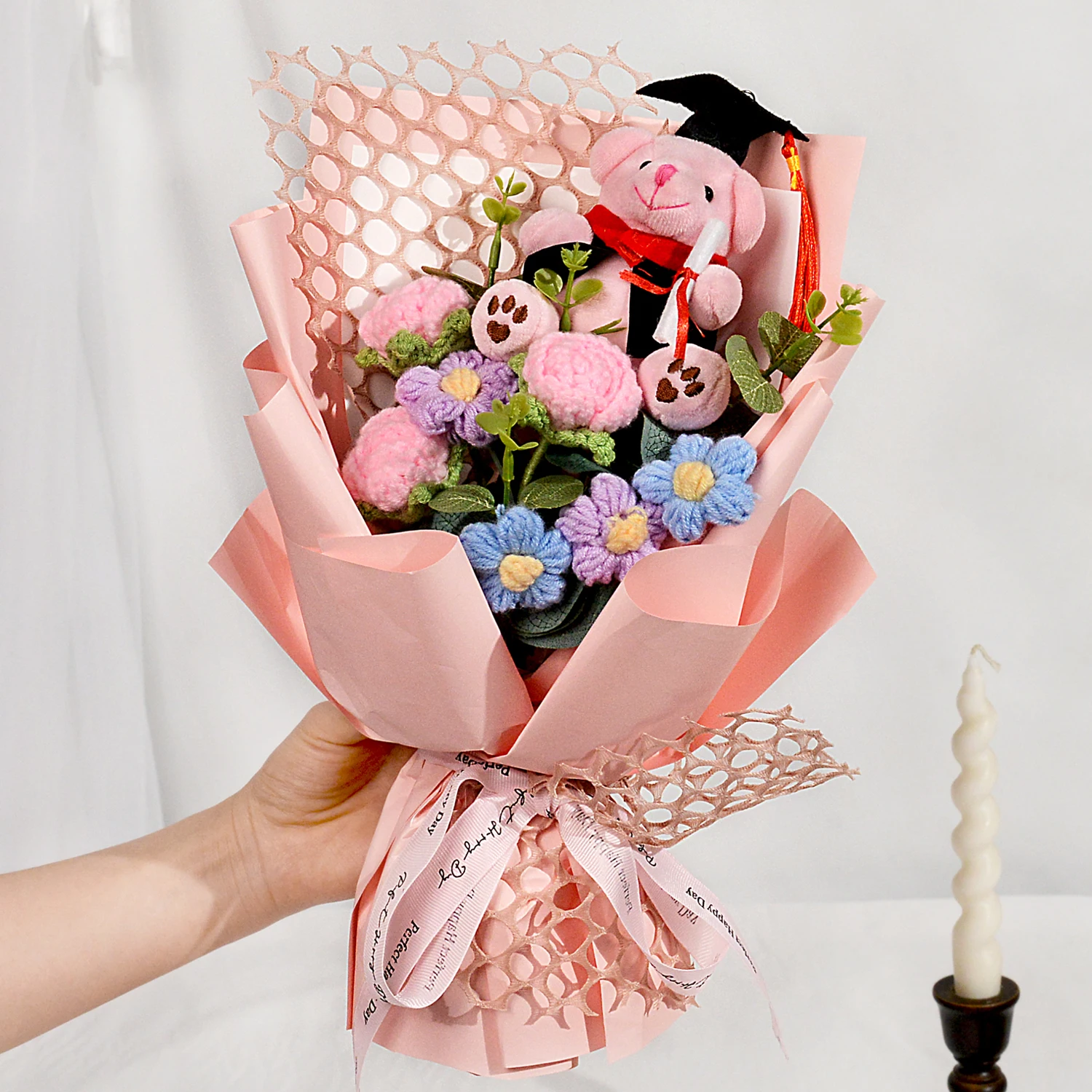 (rosa) Ramo De Girasoles Y Ositos De Peluche Tejidos A Mano Para Graduación, Una Opción Perfecta Para La Decoración Del Hogar Y Cumpleaños.