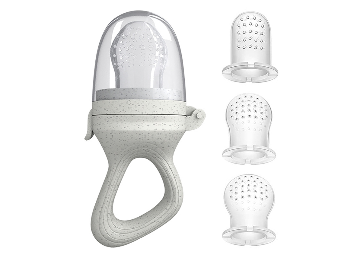 Juguete de silicona para la alimentación del bebé con frutas y verduras para la dentición. Gris, biselado, M+SML
