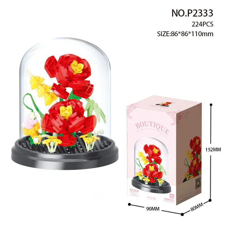 (rojo) Forma Creativa De Flor De Mini Bloques, Flor Romántica, Con Cubierta De Polvo, Regalo Para Niñas