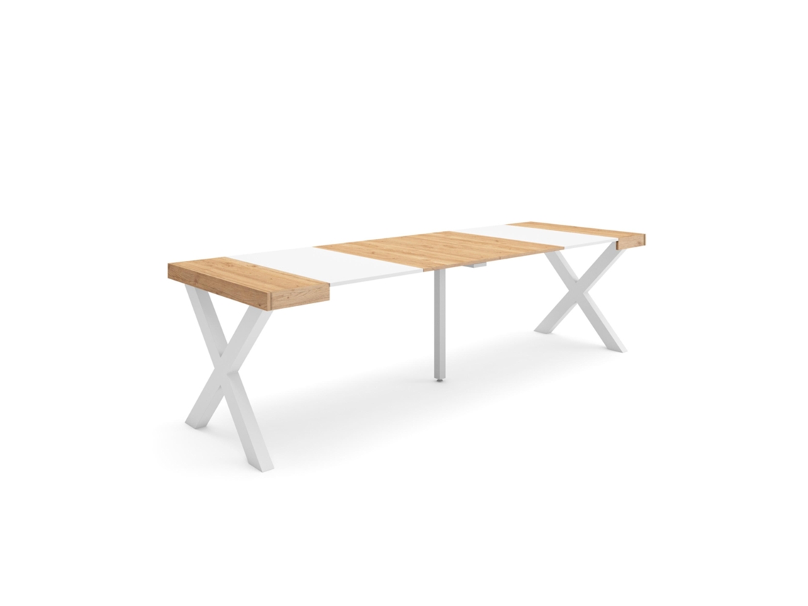Mesa Consola extensible 260 Para 12 comensales Patas madera maciza Roble y blanco