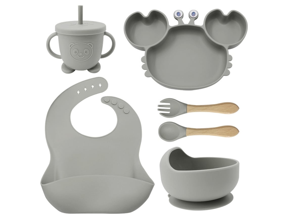 6 Juegos De Cubiertos De Silicona Gris Para Bebé: Platos, Cuencos, Vasos, Delantales Y Cubiertos Con Estampado De Cangrejo.