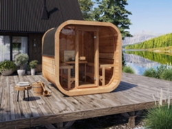 Sauna exterior Cube 220 - Frente de madera con puerta de cristal