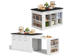 Isla De Cocina Multifuncional (150 Cm 96 Cm), Mesa De Comedor Extensible Blanca, Encimera/mesa De Madera Marmolada En Blanco Y Negro