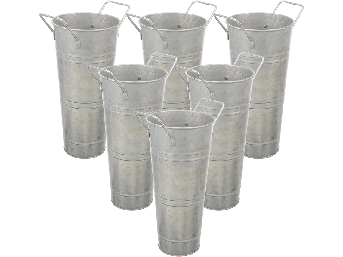 Juego De 6 Jarrones Rústicos De Hierro Galvanizado Con Asas, Cubos Decorativos, Gris Mate.