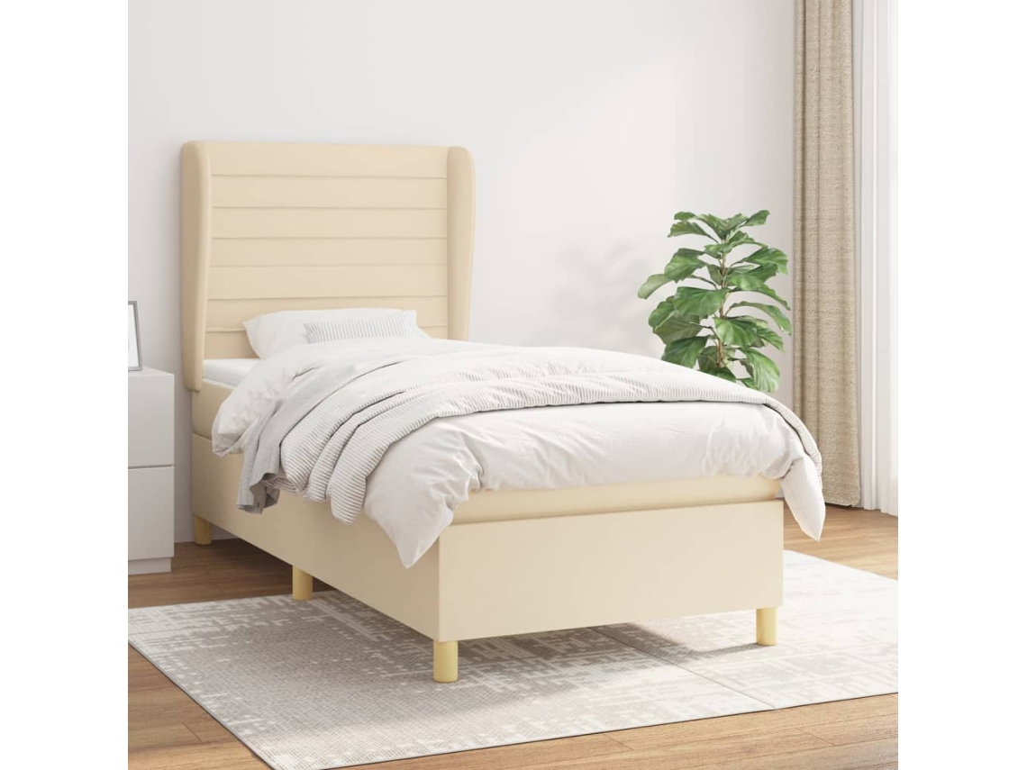 Cama Box Spring Con Colchón Tela Color Crema 100x200 Cm