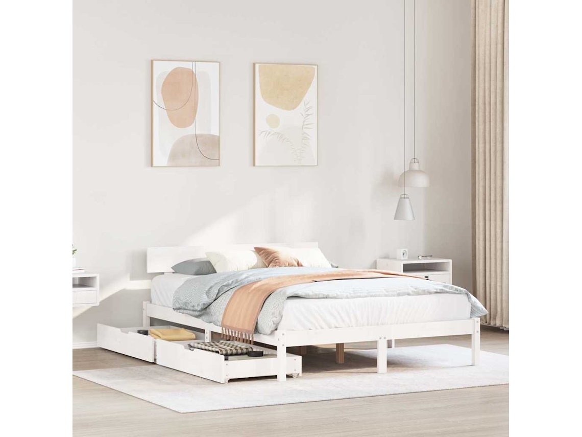 Estructura De Cama Sin Colchón Madera De Pino Blanco 135x190 Cm