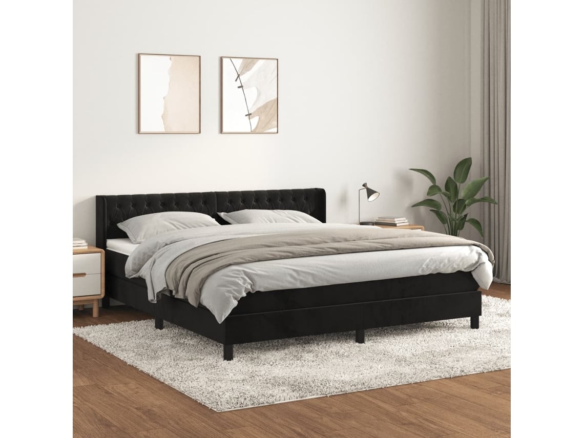 Cama Box Spring Con Colchón Terciopelo Negro 160x200 Cm