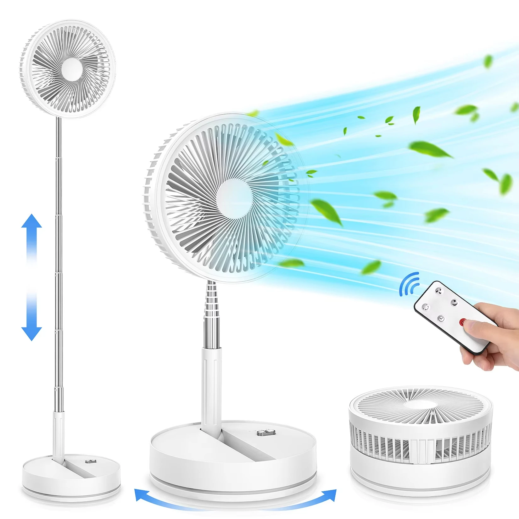 Ventilador De Pie Oscilante Portátil (blanco) Con Control Remoto, Ventilador De Escritorio Plegable, Recargable.