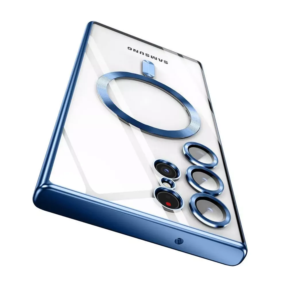 (azul Marino Samsung S25) Funda Magnética Transparente Galvanizada Para Teléfono Samsung, Compatible Con Carga Inalámbrica Magsafe.