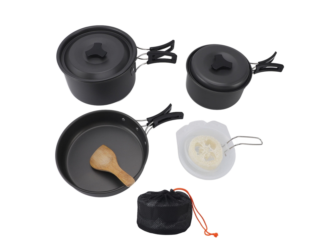 Juego de utensilios de cocina para acampar, ollas y sartenes portátiles antiadherentes con sartén, cuencos, cuchara sopera, estropajo de lufa y espátula para arroz para 3 o 4 personas.