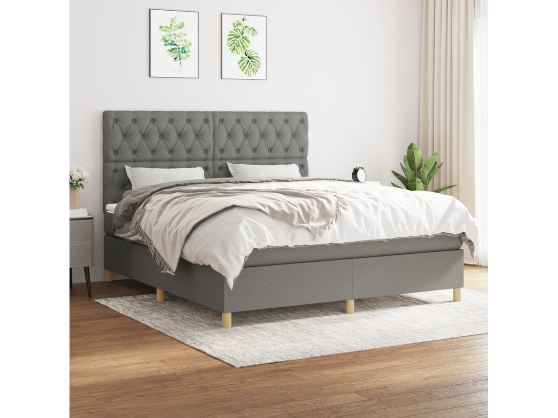 Cama Box Spring Con Colchón Tela Gris Oscuro 160x200 Cm