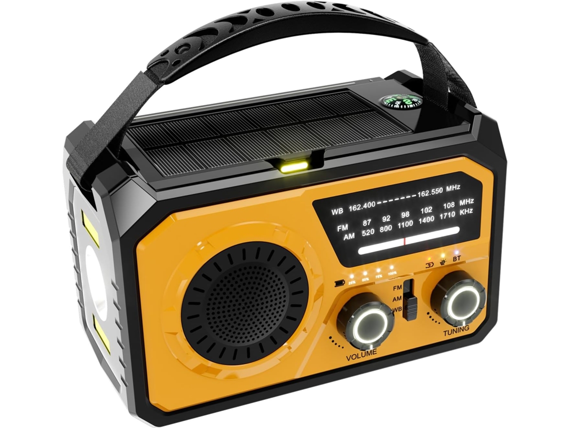 Radio solar portátil Zruxe H21 NOAA/FM/AM, SOS, brújula, Bluetooth 5.3, linterna (amarilla, 16000 mAh)