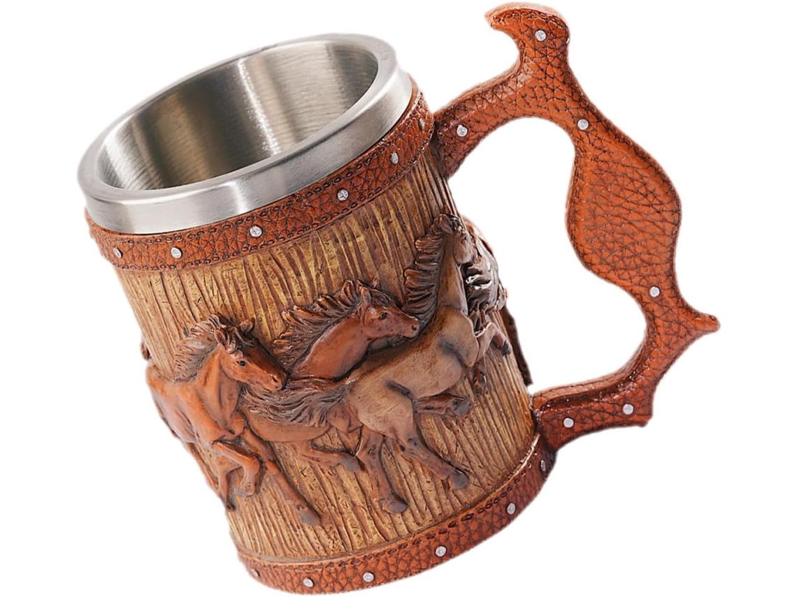 Caneca De Cerveja Viking Em Resina Resistente E Fácil De Limpar Com Design De Cavalo Redondo