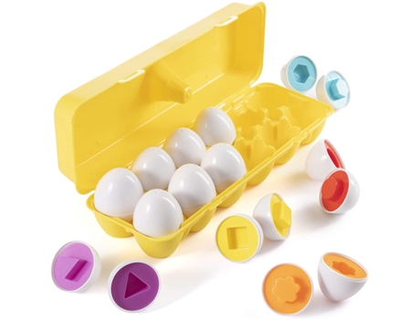 Huevos a máquina con forma de color, 12 piezas, juego de huevos educativos de Pascua con soporte amarillo, formas de aprendizaje temprano y rompeca...