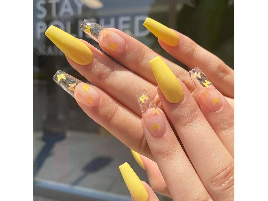 Uñas postizas extralargas con forma de ataúd, pegatina de mariposa, pegamento amarillo para uñas*