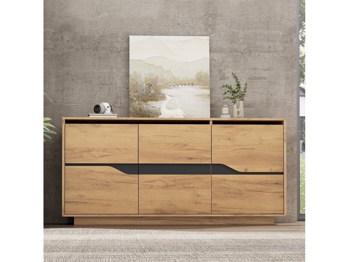 Comoda 140x40x70 Cm - Con 3 Puertas, Separadores Ajustables, Diseño Sin Asas, Color Madera + Negro