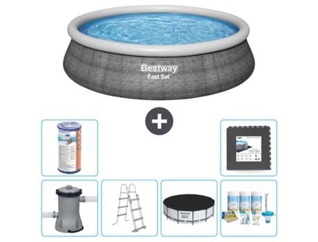 Piscina Hinchable Redonda Fast Set BESTWAY - Estampado Ratán - 457 x 107 cm - Incluida Bomba - Escalera Accesorios CB23