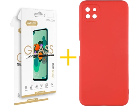 Carcasa y 2 Protectores de Pantalla de Vidrio Samsung A22 5G ACCETEL Silicona Líquida Rojo