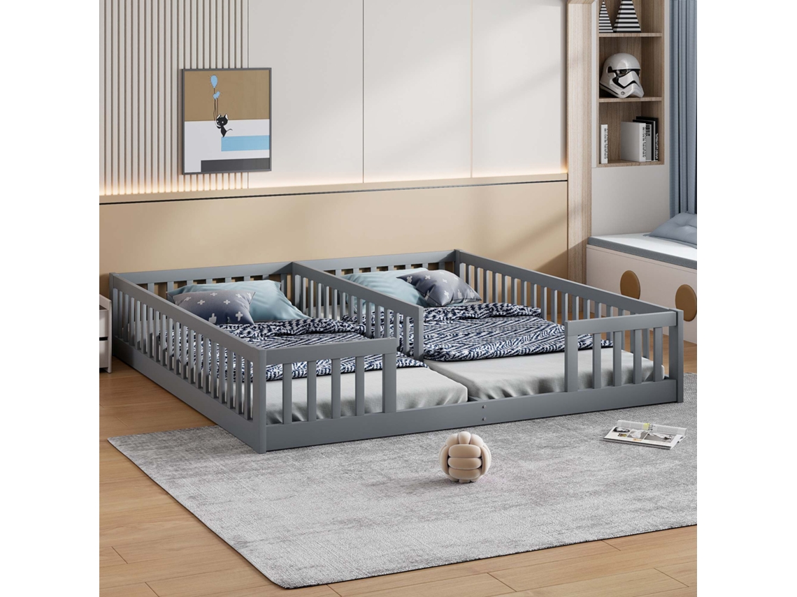 Cama con paneles 90x200 cm Cama infantil con barandilla, con estructura de madera de pino gris (sin colchón)