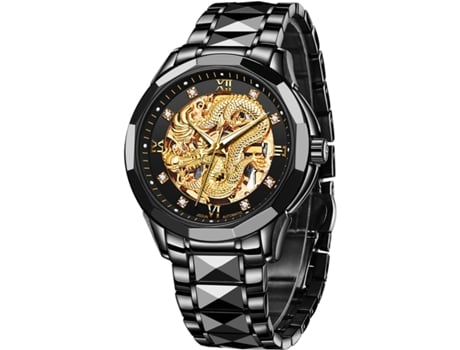 VEANXIN Reloj mecánico automático de Oro para Hombre Reloj Luminoso Impermeable con Diamantes(negro)