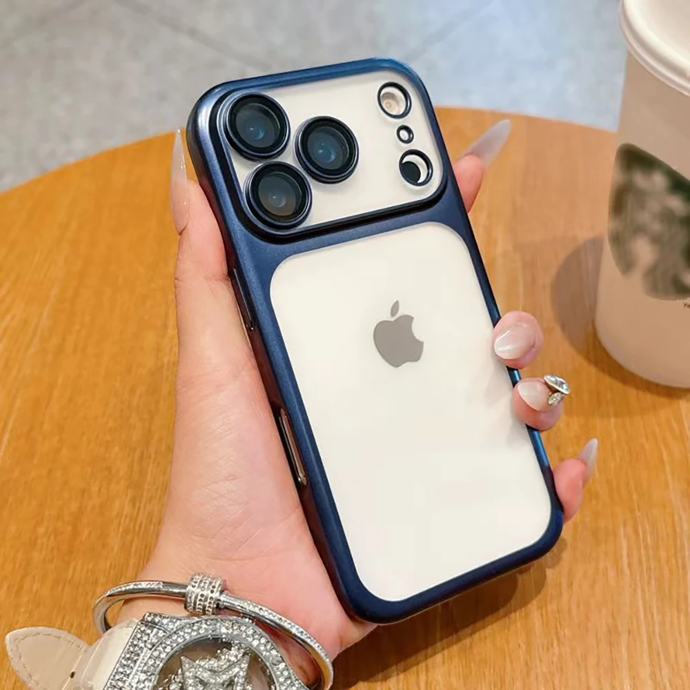 (iphone 17 Air Azul) Funda Transparente Esmerilada Con Marco Galvanizado Para Iphone, Protector De Lente A Prueba De Golpes