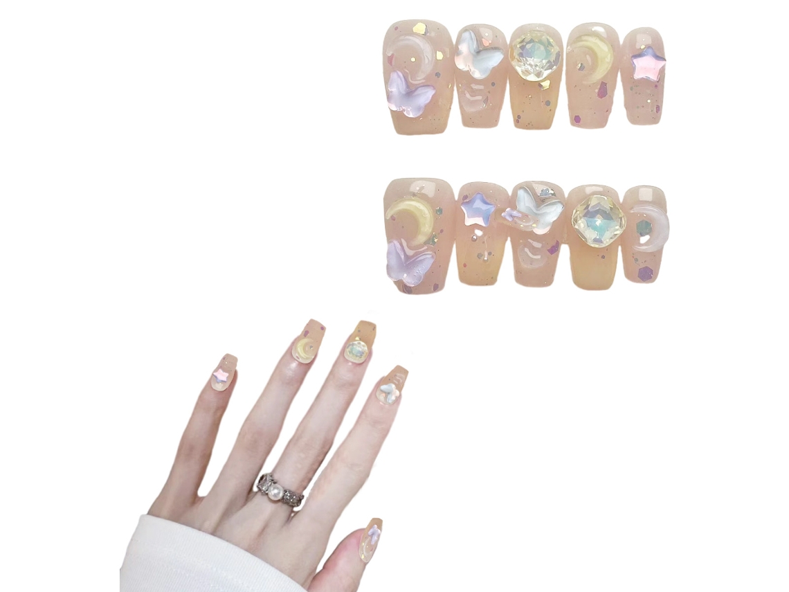Uñas postizas medianas en forma de ataúd con diseño 3D de lujo, 10 unidades con kit de uñas en 4 tamaños Kofihety