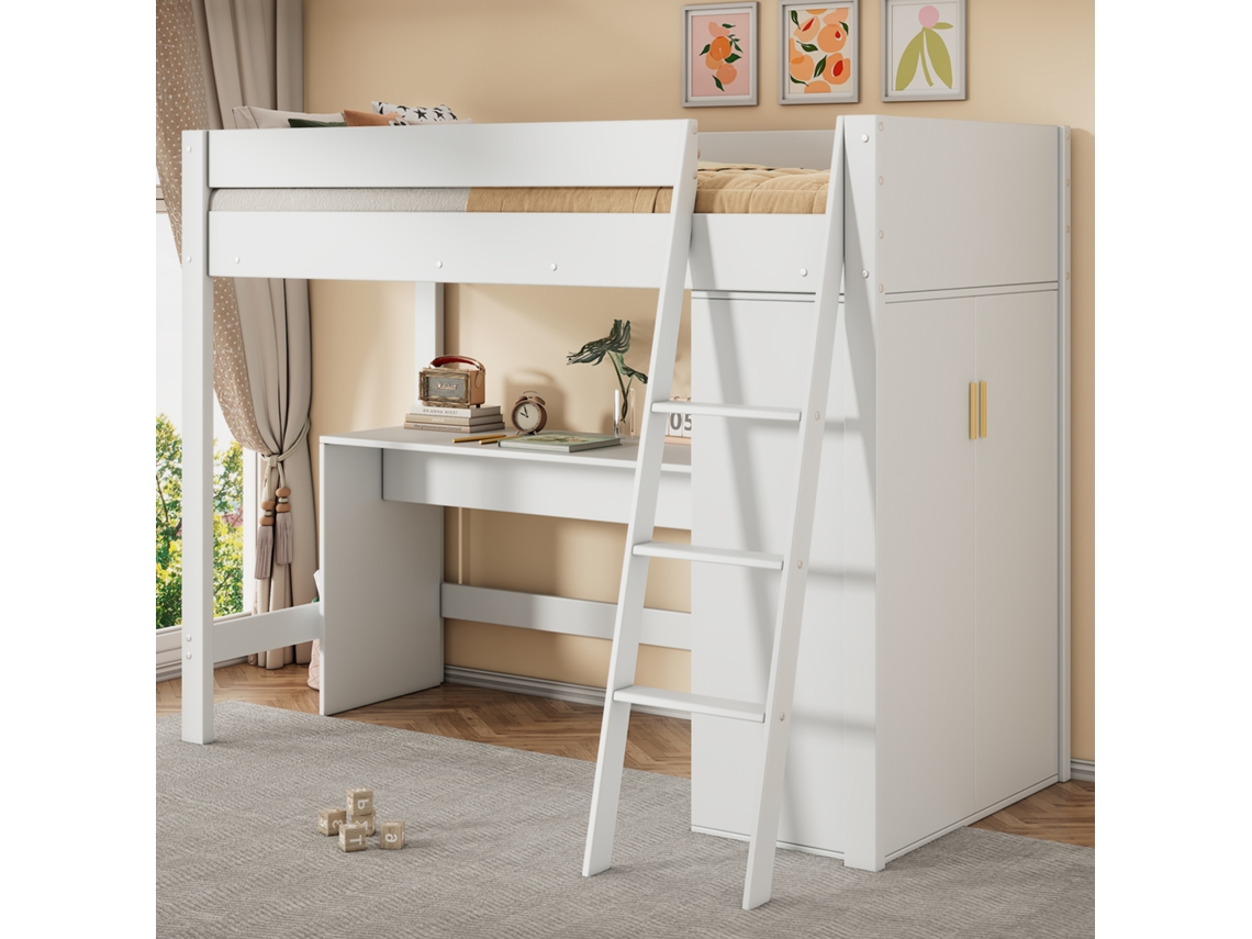 Cama alta infantil con escalera, escritorio y armario, combinable libremente, sin colchón, madera maciza, 90*200