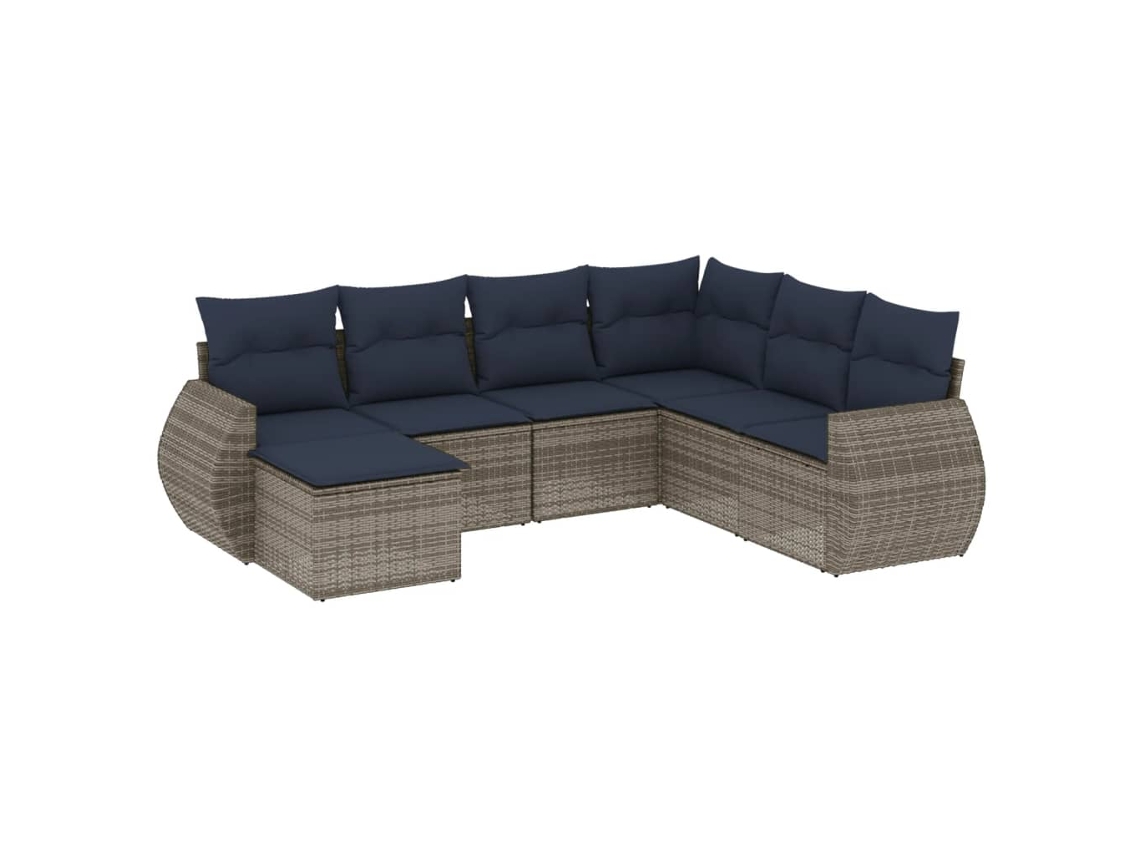 Conjunto de sofá de jardín de 7 piezas con cojines, ratán gris. EXCLUSIVO DE MAISON.