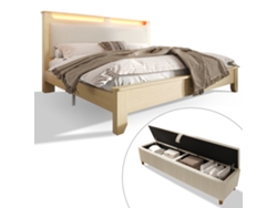 Cama Doble De Madera De 140x200, Banco Con Almacenamiento Led, Pana, Roble.