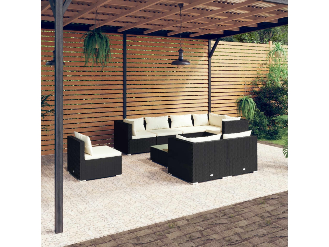 Conjunto de jardín de 9 piezas con cojines, mimbre sintético negro, DKD Home Decor