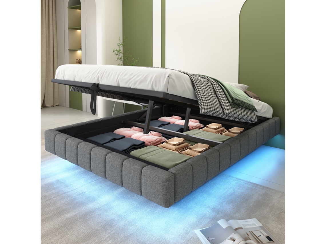Cama Flotante Tapizada De 140x200 Cm, Hidráulica, Con Iluminación Led, Color Gris Lino.