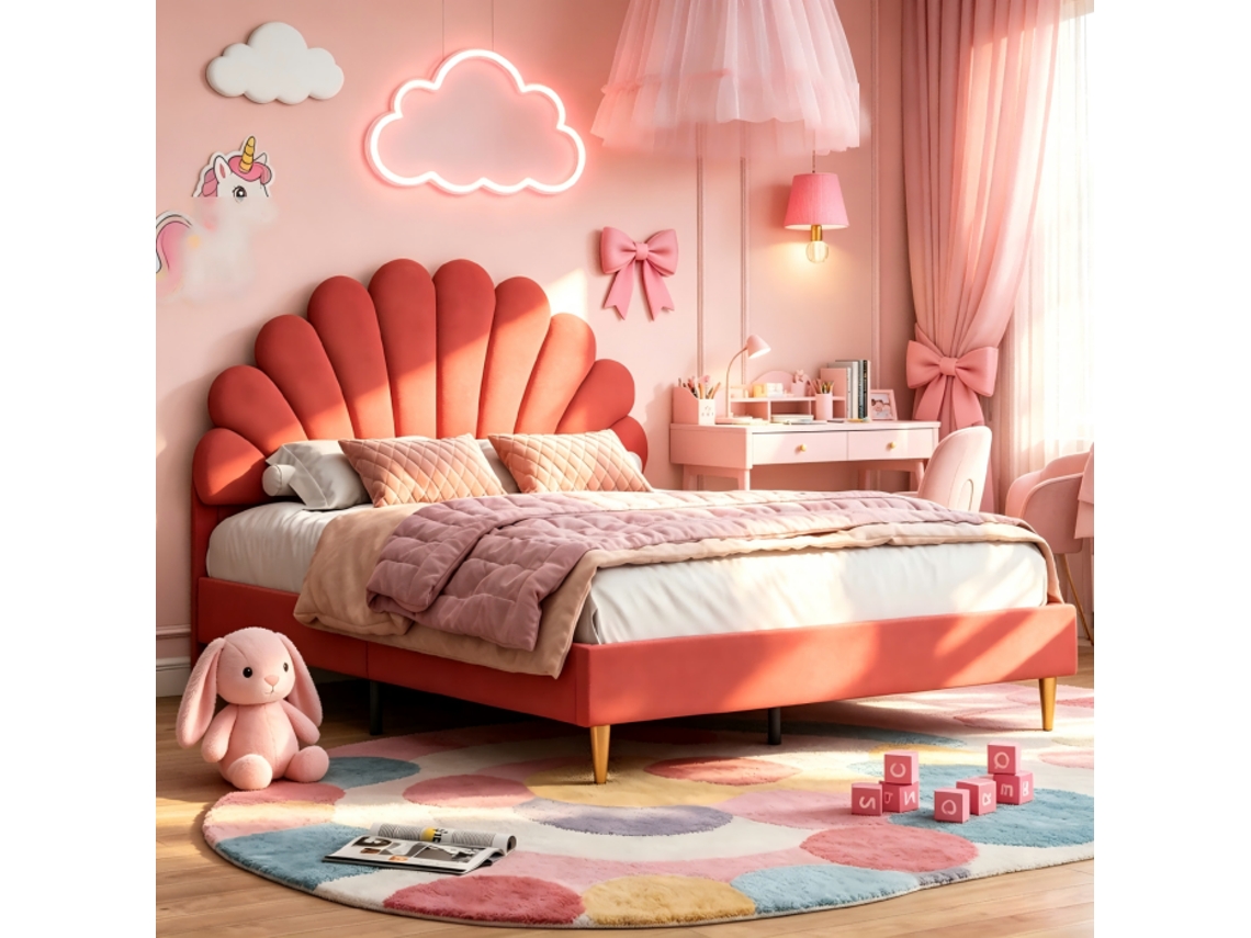Cama Acolchada Para Niñas, Infantil Doble De 140 X 200, Cama Doble, Para Niños Y Adolescentes, Cabecero Con Forma De Pétalos