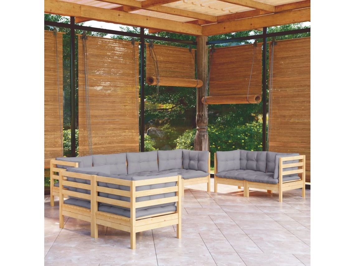 8pcs Conjunto Lounge De Jardim C/ Almofadões Cinza Pinho Maciço Dkd Decoración Del Hogar