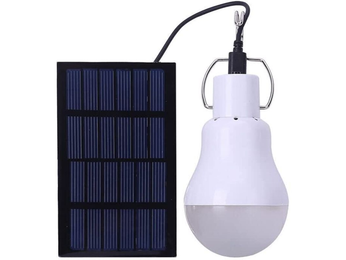 Lámpara LED portátil con panel solar de 1,2 W y 15 W, ideal para camping, tiendas de campaña y uso en exteriores e interiores.