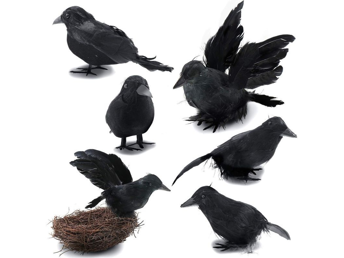 6 Cuervos De Plumas Negras Para Decoración De Halloween - 3 Estilos - Linjou