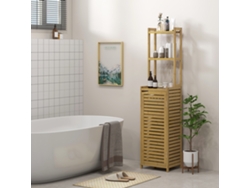Armario alto de baño de bambú con 3 estantes y 1 puerta, 38,5 x 33 x 170 cm, color natural.