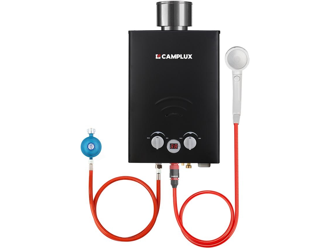 CAMPLUX BW158BC-DE Calentador de Agua de Gas 6 Litros, 12 kW, 50 mbar, GLP, con Cubierta de Lluvia, para Camping, Ducha de Caballos