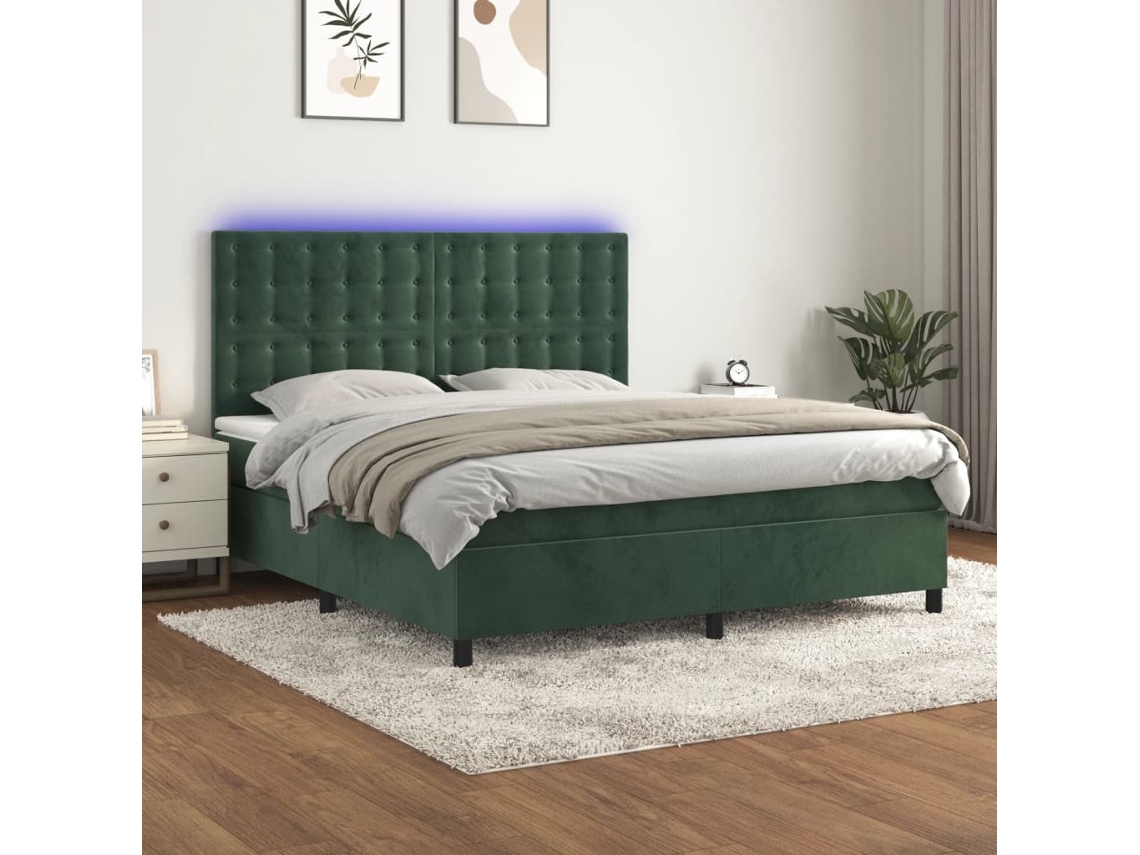 Cama Box Spring Colchón Y Led Terciopelo Verde Oscuro 180x200cm