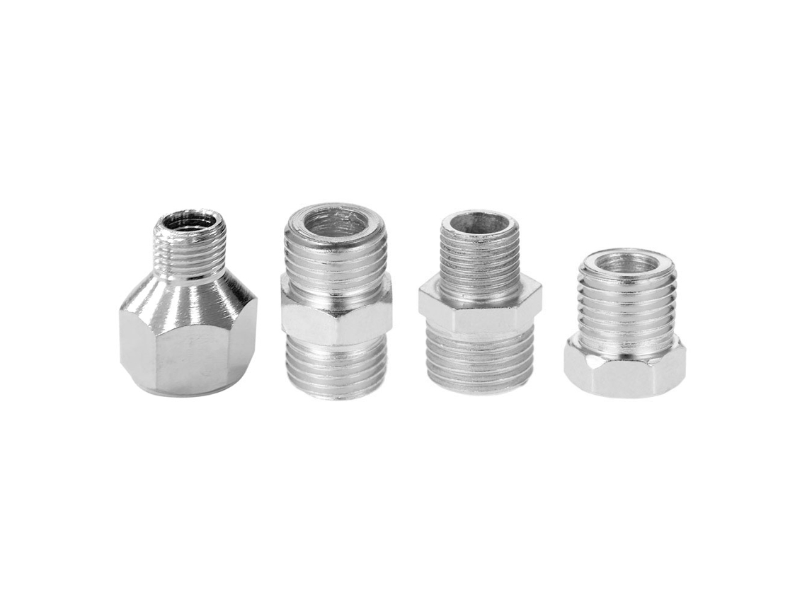 Kit com 4 adaptadores profissionais para mangueiras e compressores de aerógrafo, conectores e acessórios práticos.