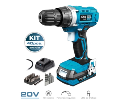 Kit Taladro Atornillador con 40 Accesorios 20V con Batería y Cargador Koma Tools EDM