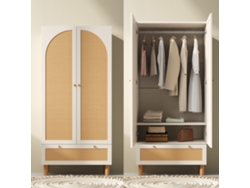 Armario De 2 Puertas Con Estructura De Ratán, Estilo Campestre De Color Blanco, Con Amplio Cajón, Baldas Regulables En Altura Y Perchero.