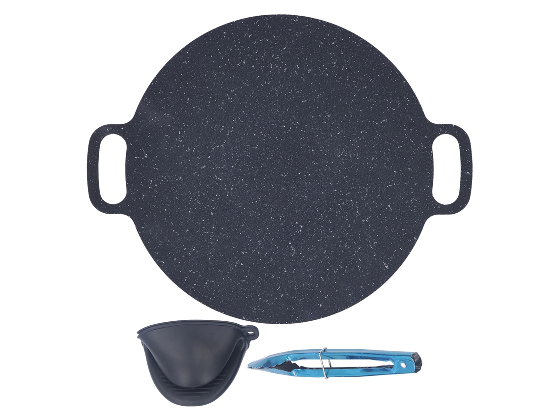 Plancha redonda antiadherente para barbacoa con pinzas y guantes, 30 cm.