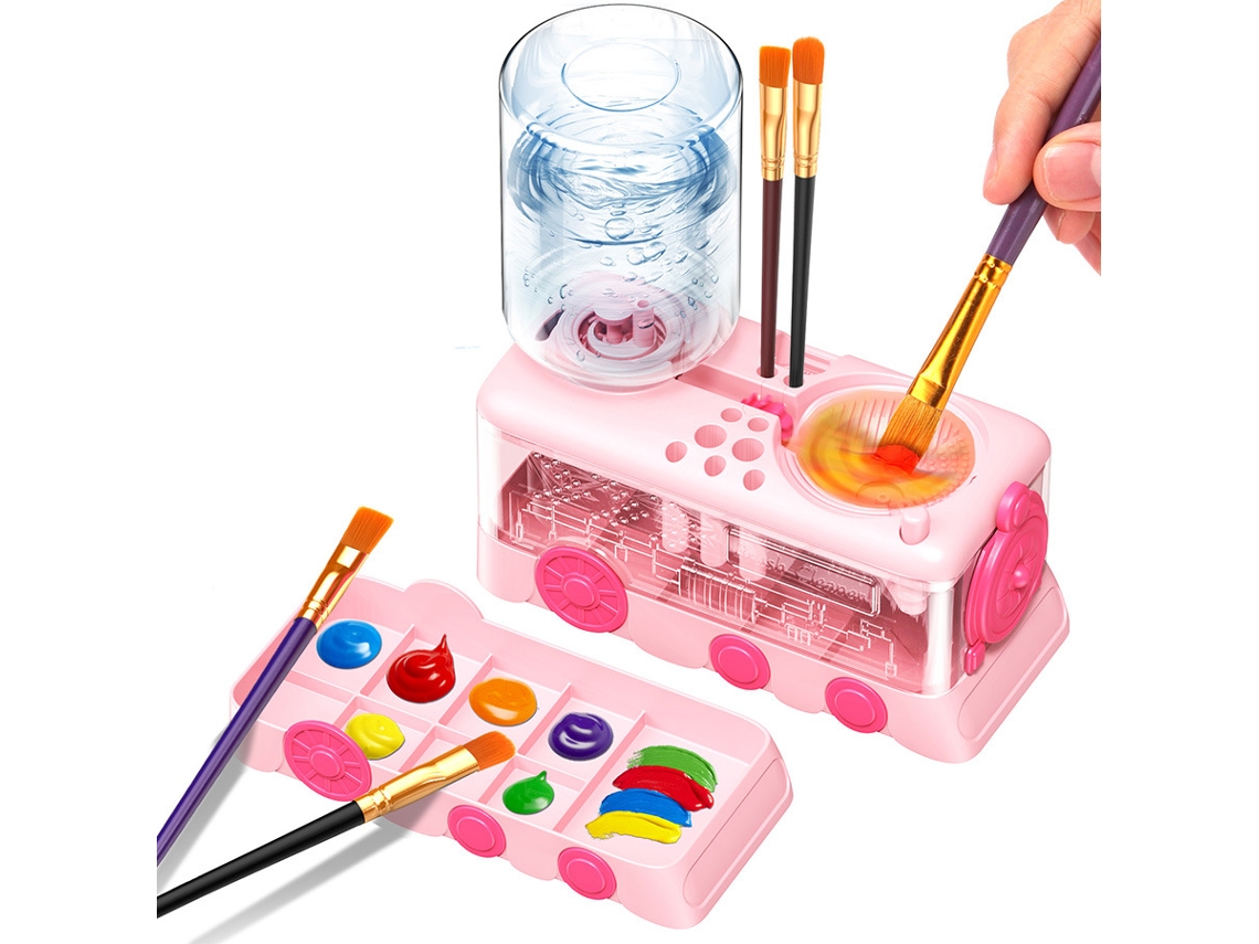 Limpiador de cepillos Eifson con bandeja, desagüe y portacepillos, dispositivo de limpieza con circulación de agua (rosa)