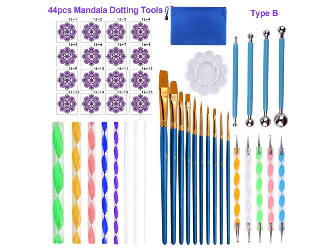 Kit De Arte Mandala Stitch Tools De 44 Piezas Con Plantillas, Pinceles, Paleta Para Pintura Sobre Lienzo, Piedras Y Decoraciones Hechas A Mano.