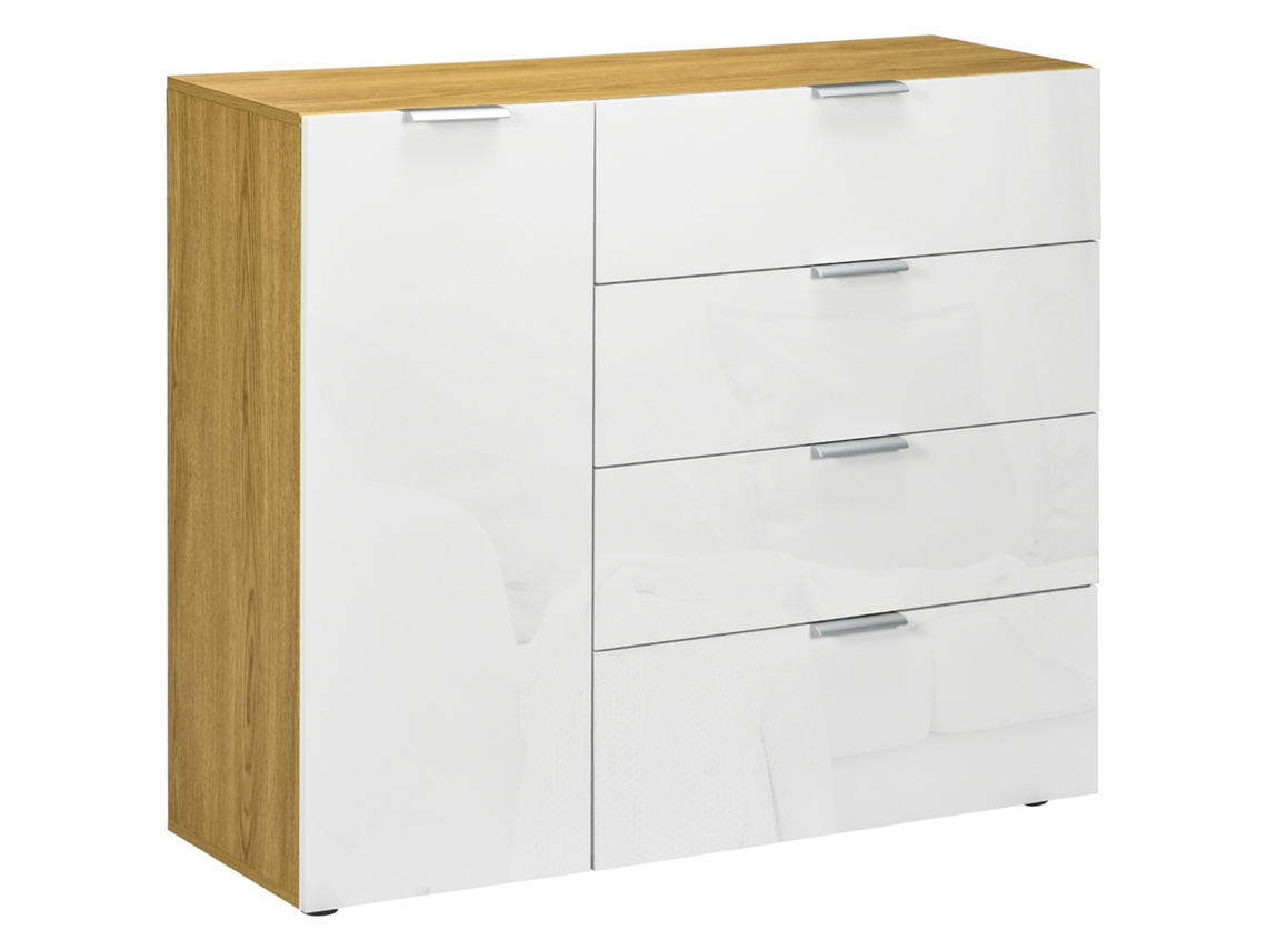 Aparador Para Salón Con 4 Cajones, 4 Puertas Y Estantes, 105x35x92cm, Blanco Natural.