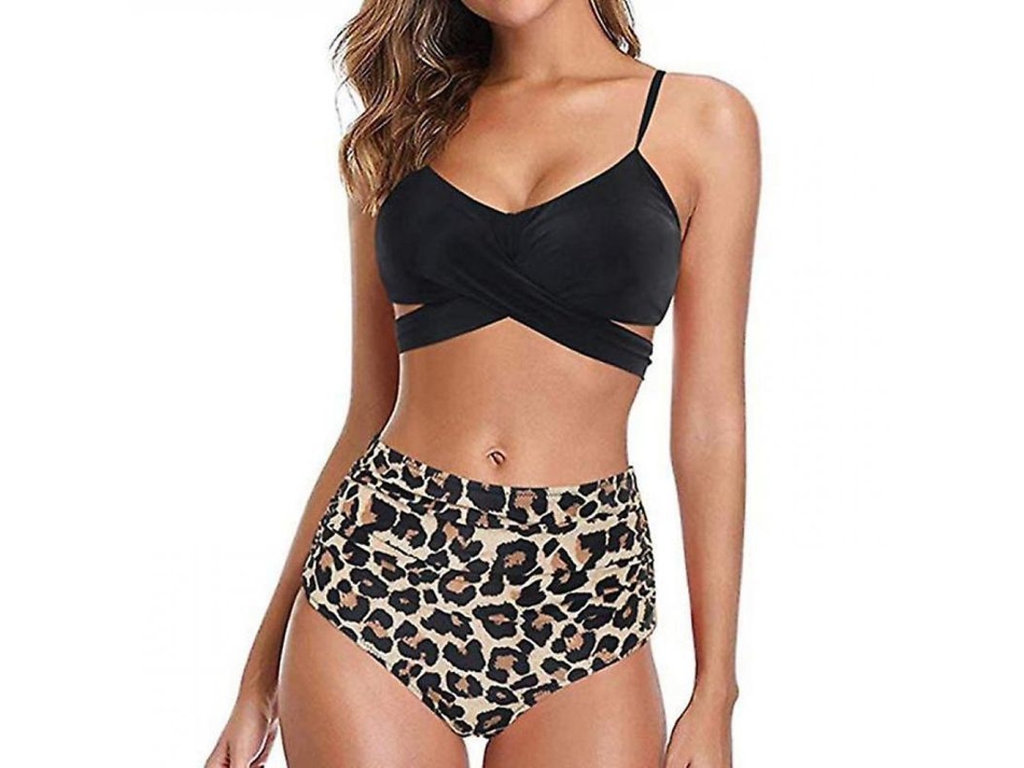 2026-traje De Baño De Dos Piezas Leopardo De Cintura Alta Para Mujer Con Tirantes Ajustables Y Forro No Removible L Leopardo Negro