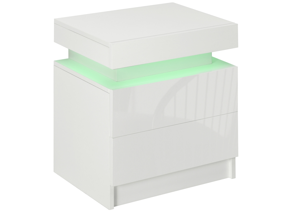 Mesita de noche LED RGB con 2 cajones, acabado brillante, color blanco.