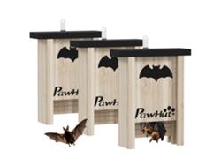 Juego de tres casitas para pájaros o murciélagos con gancho de madera natural, 18 x 6 x 22,5 cm